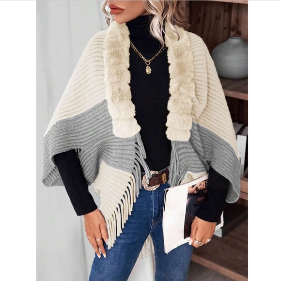 Beige & Grey Fringe Hem Open Cardigan Sweater Vegan Faux Fur - Picture 4 of 6